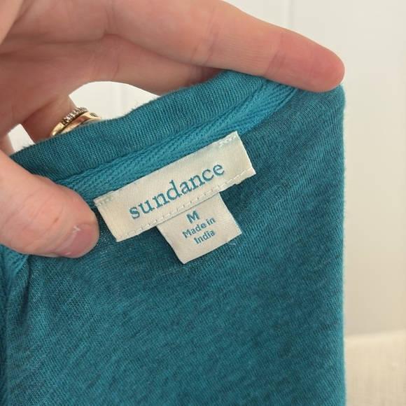 Sundance Henley Sweater Top Teal Blue Crochet Cuffs Boho Women’s Size Medium - Picture 7 of 8